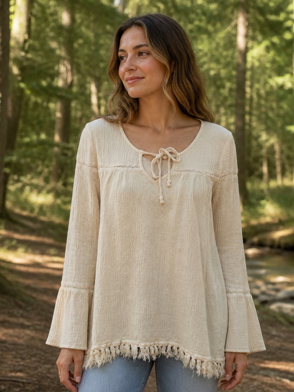 Black Swan Size S Cream Boho Peasant Top Tassel Tie Fringe Hem Renaissance
